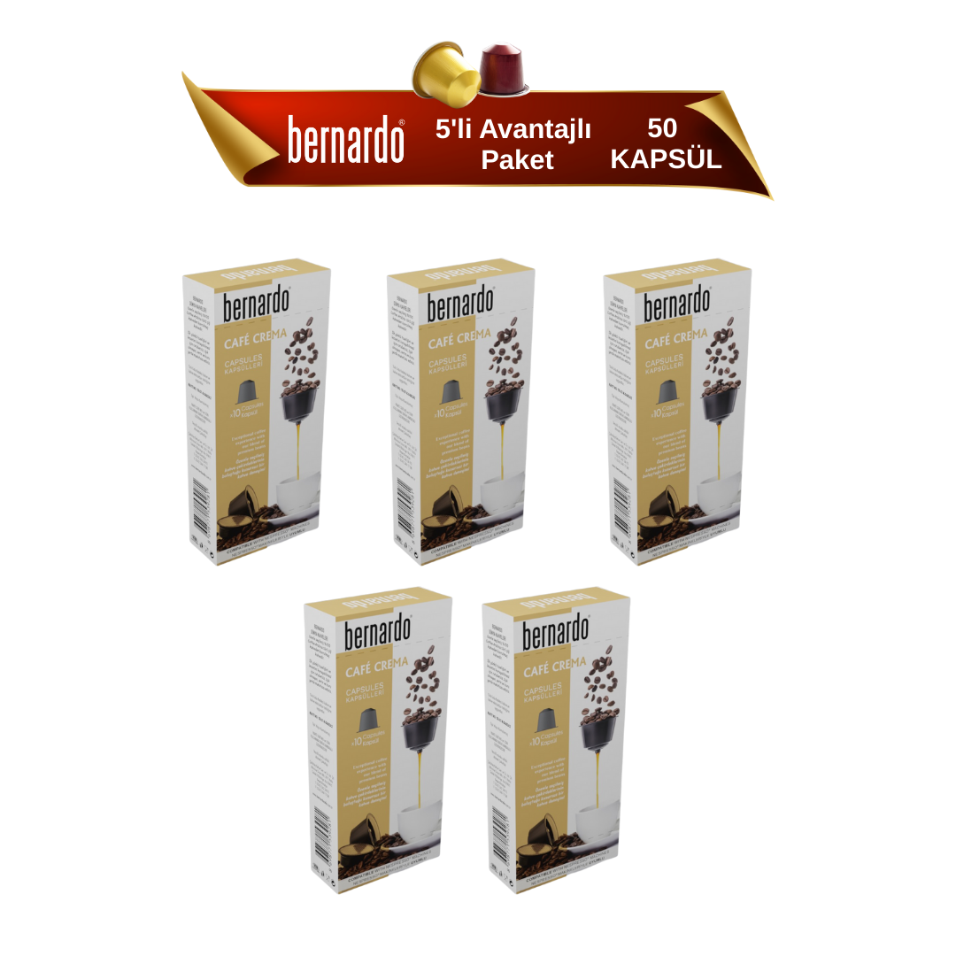 Bernardo Café Crema 5’li Kutu Kapsül Kahve – Nespresso® Uyumlu Yoğun ve Güçlü Espresso